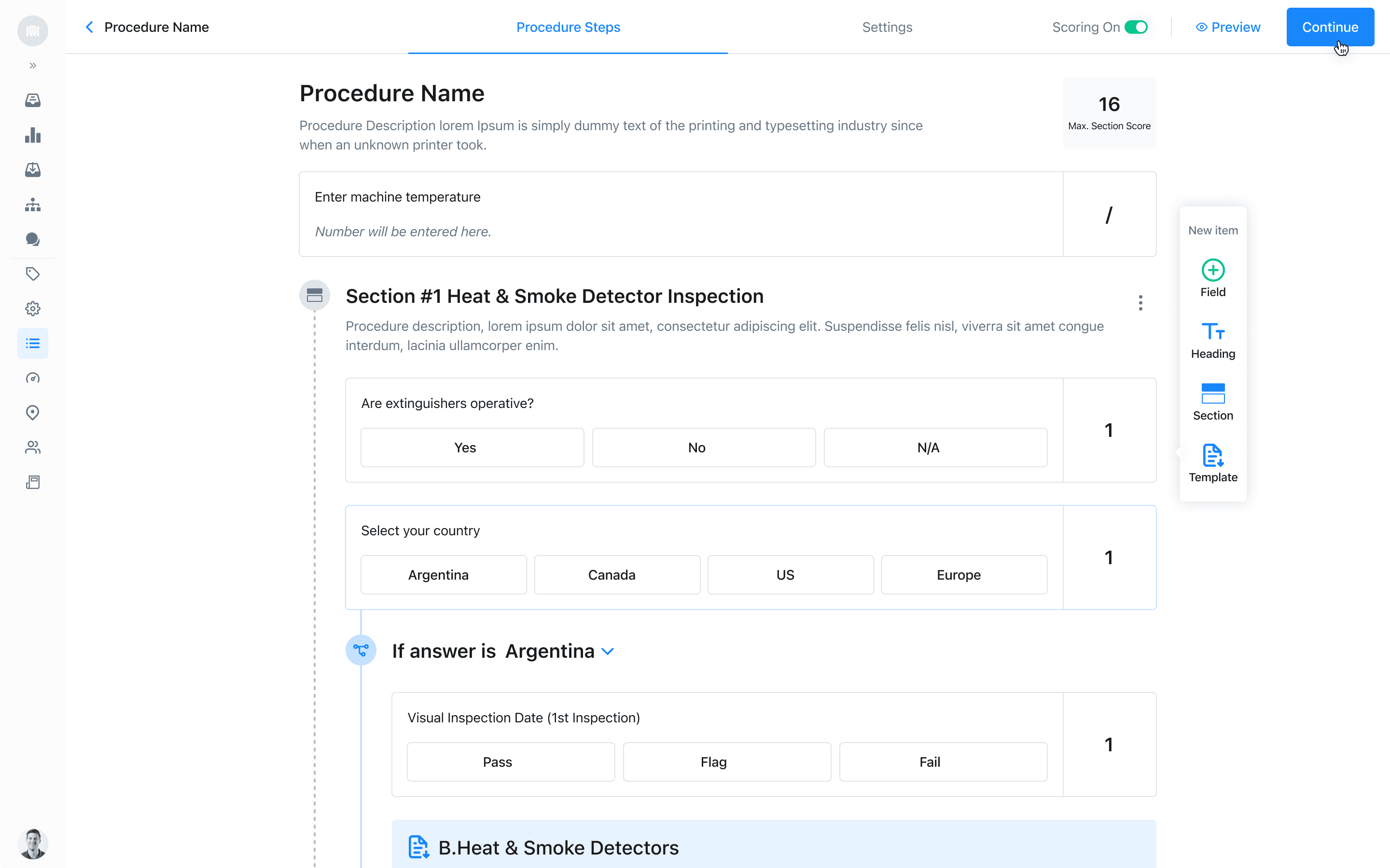 Procedure editor with sections, fields, and scoring