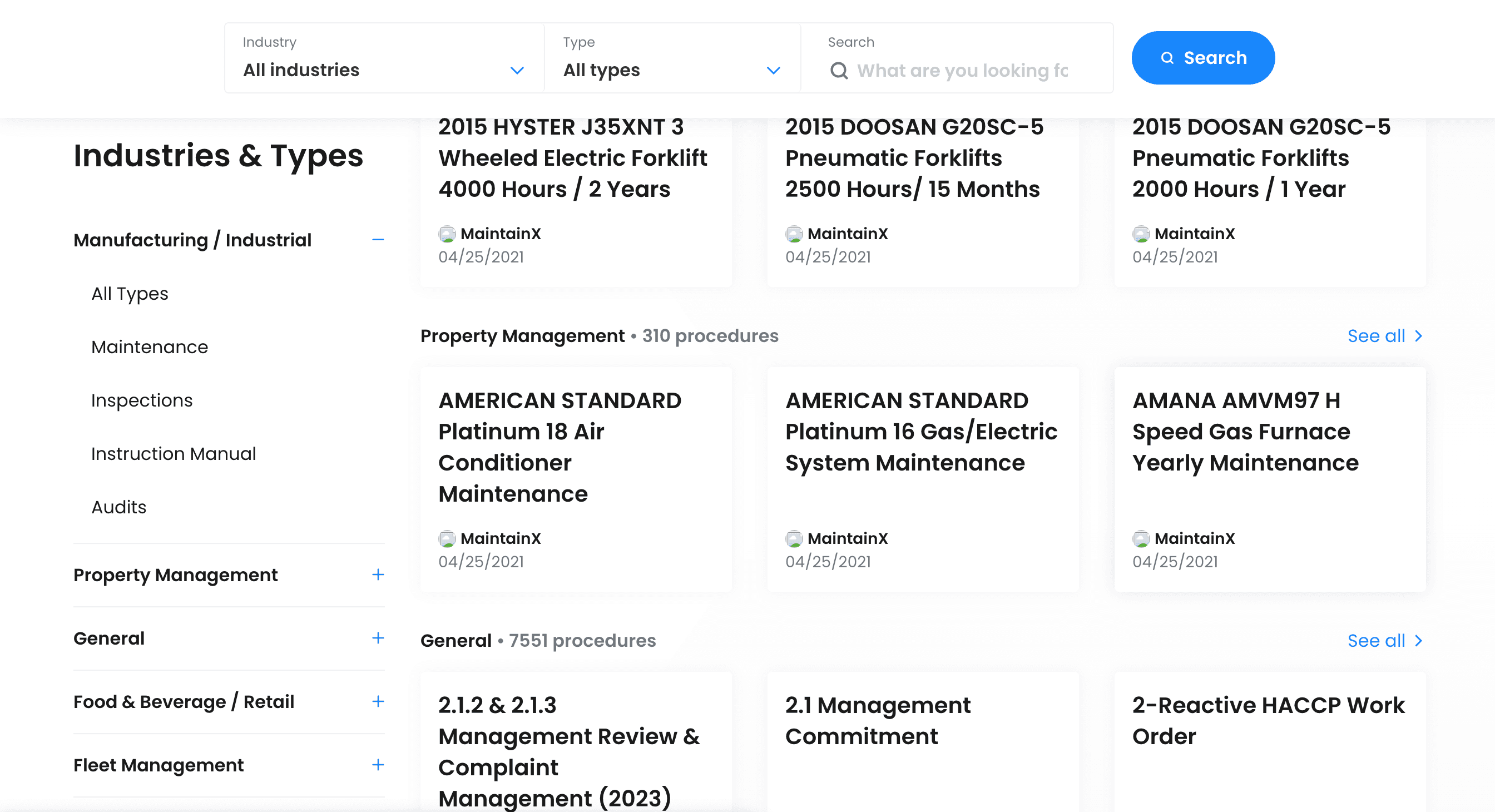 Procedure templates browsable by industry