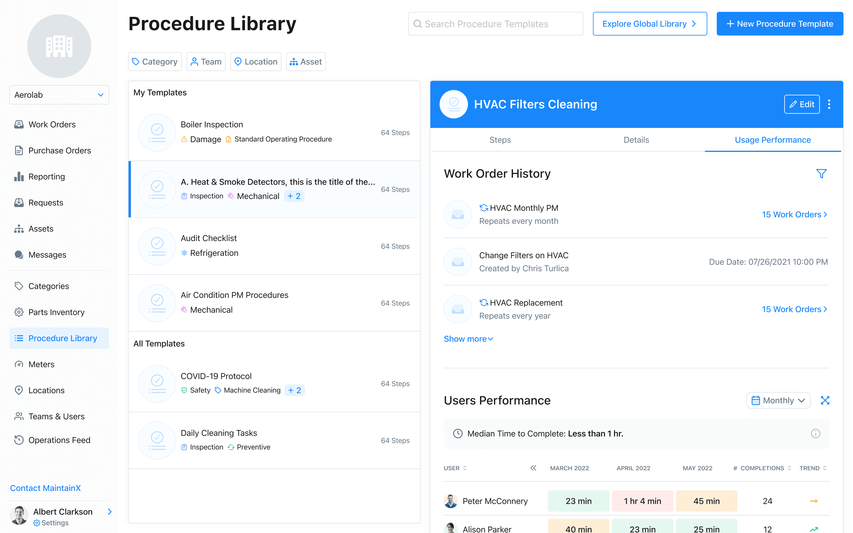 Usage performance across work orders generated from a procedure