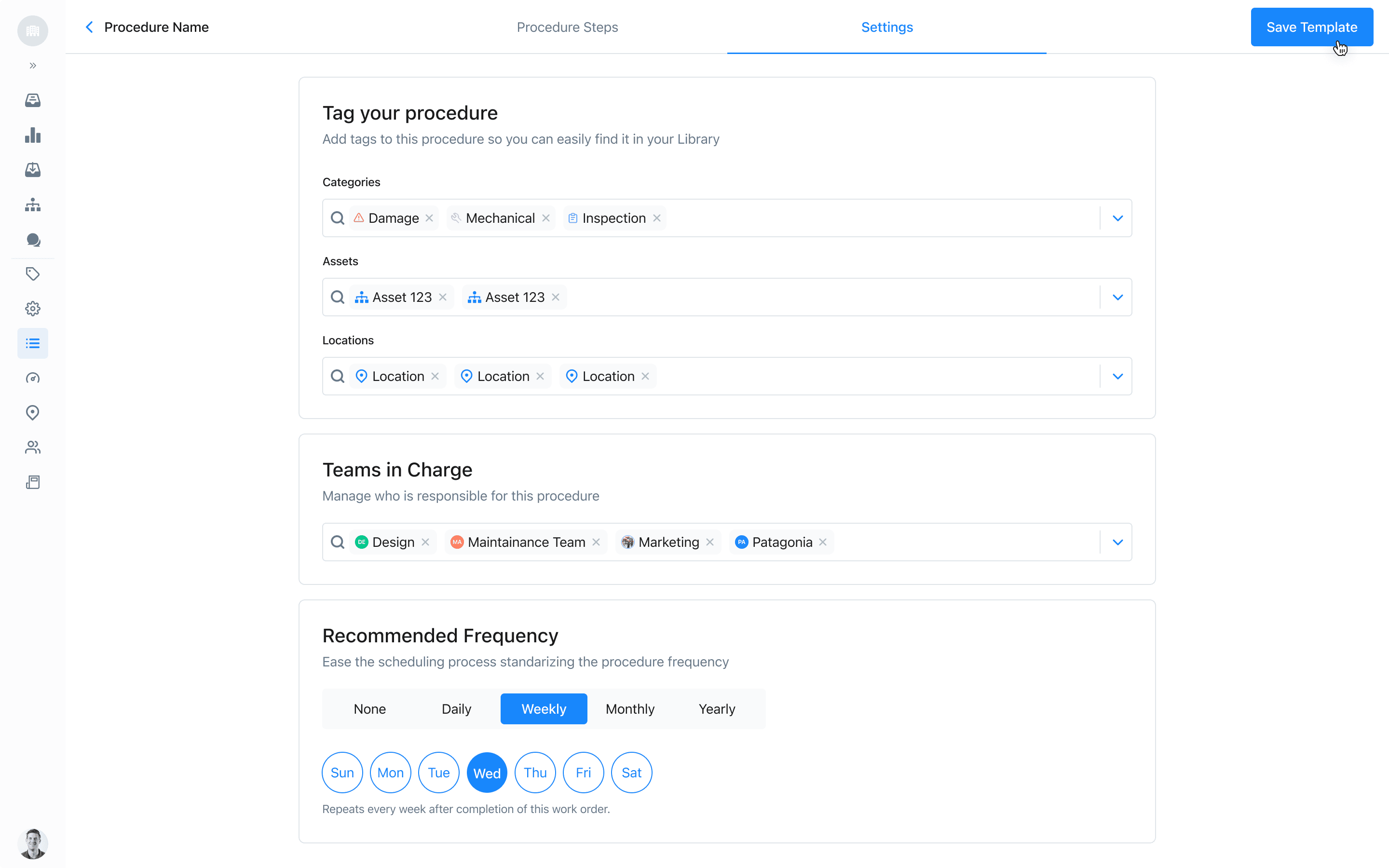 Procedure settings: tags, teams in charge, recommended frequency
