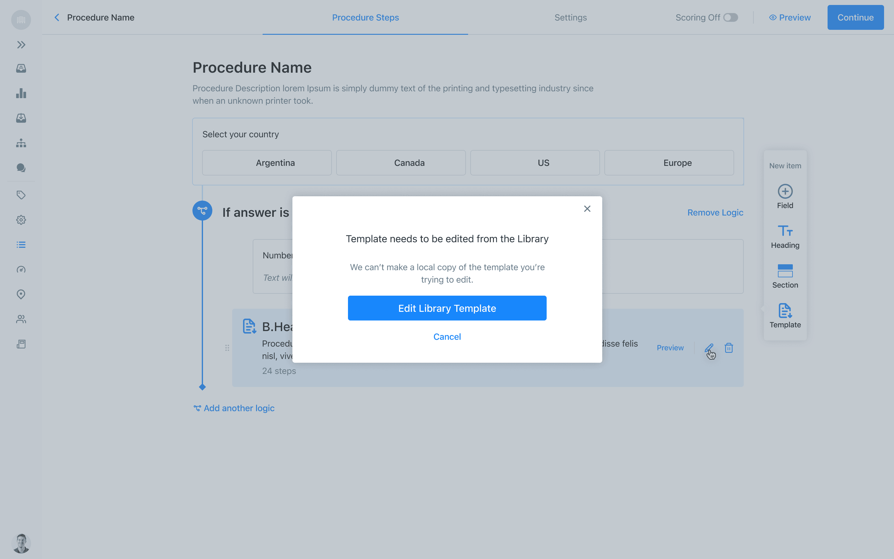 A prompt to edit a shared template from the Global Library