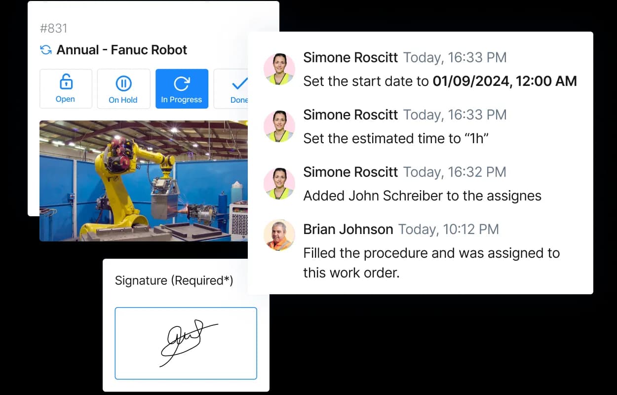 A work order with a required signature and activity log