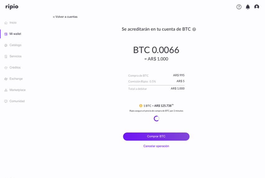 Buying Bitcoin — confirmation screen