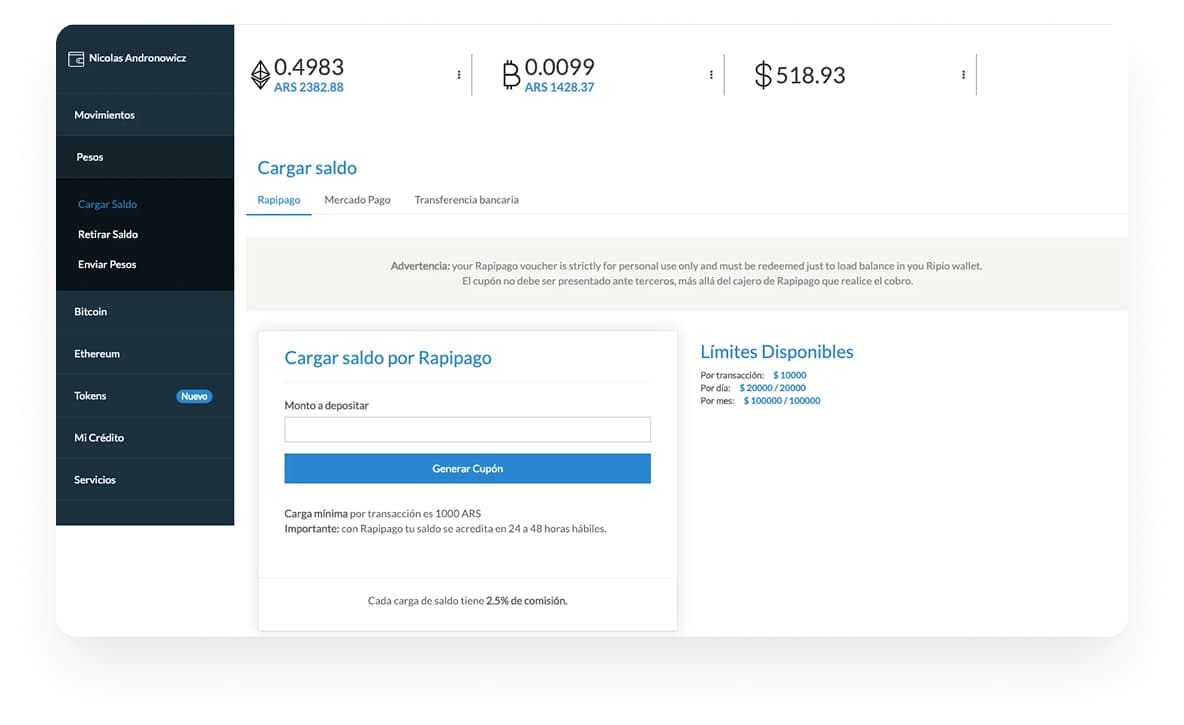 Topping up a wallet balance via Rapipago