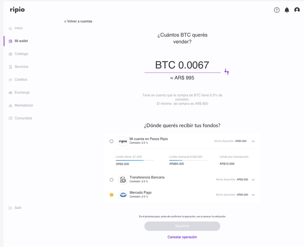 Selling Bitcoin — amount entry screen