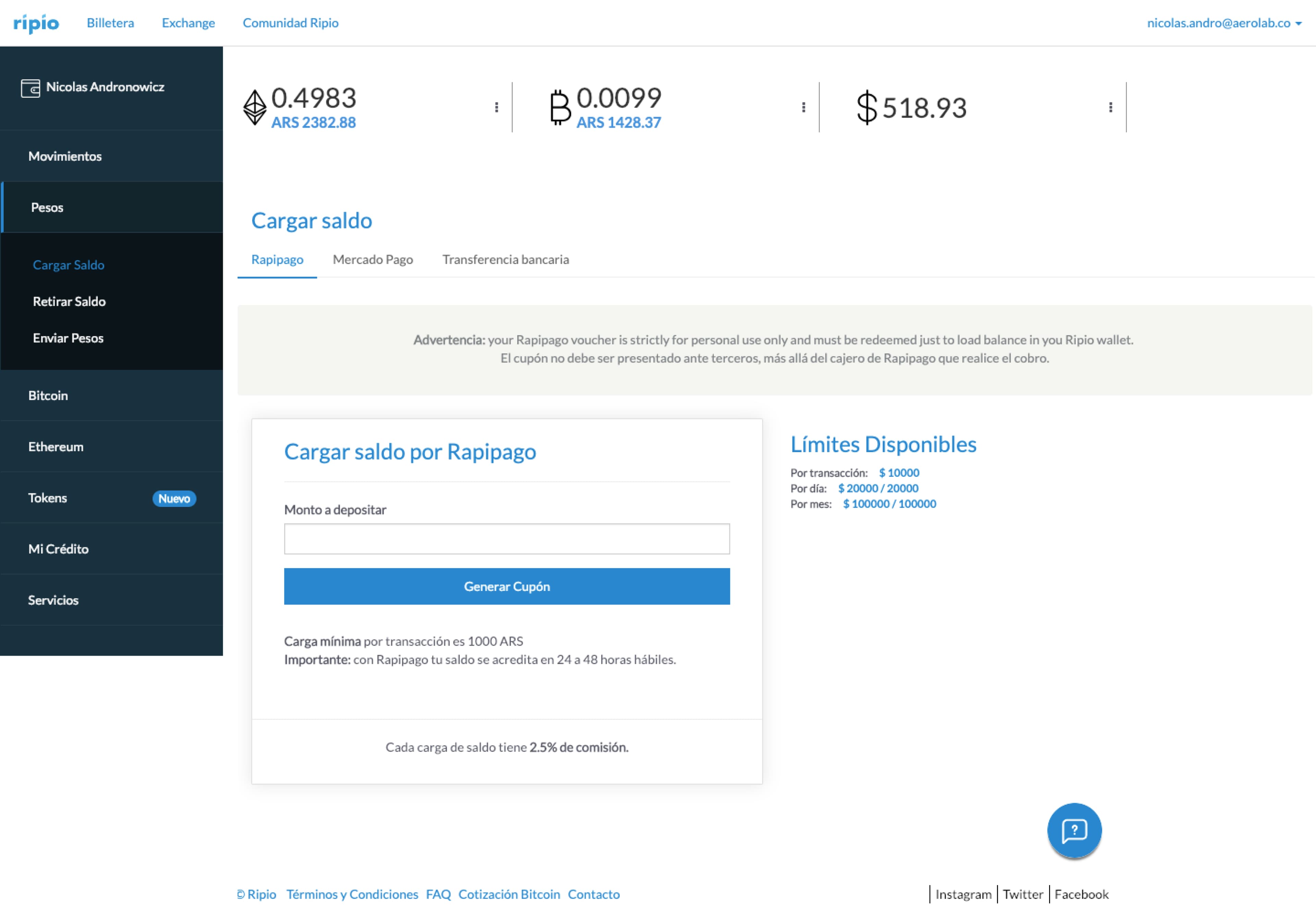 Old Ripio web wallet — sidebar nav and Rapipago top-up flow
