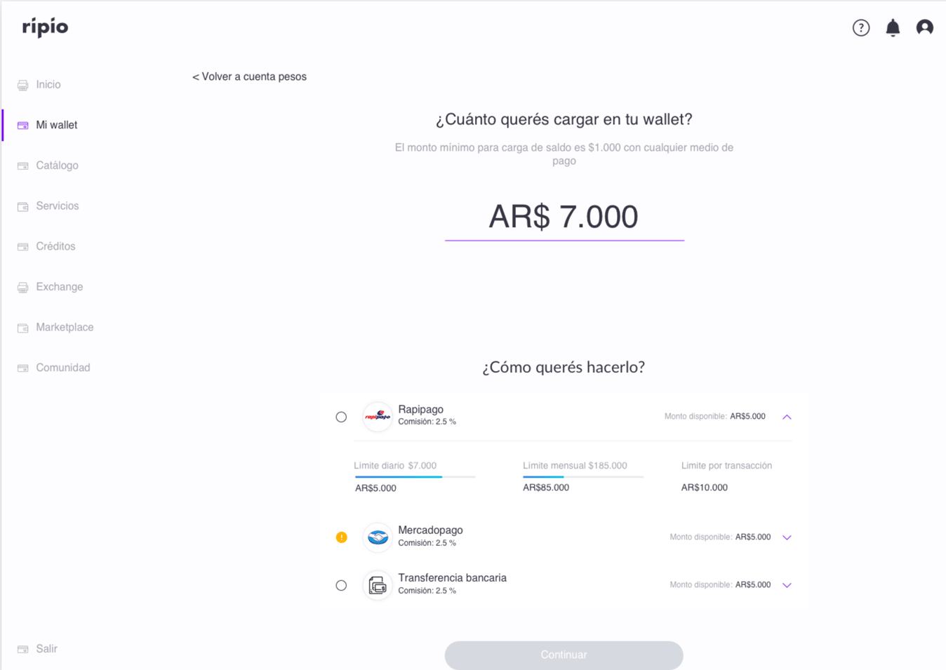Cash in flow — amount, method, fees and limits